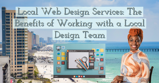 Graphic Designer and Visual Artist, Brianna Bennett sitting down with Panama City Beach, FL in background. Text reads, "Local Web Design Services: The Benefits of Working with a Local Design Team"