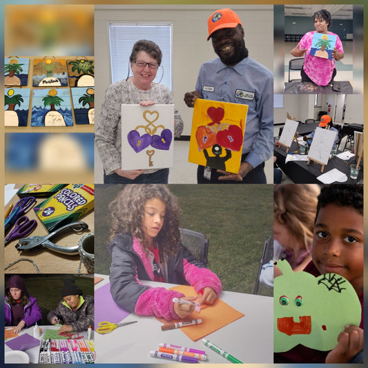 8 various photos in a grid of different people doing arts and crafts projects.