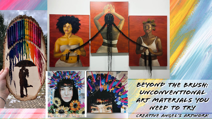 art materials, unconventional art, creativity, painting, mixed media, texture, coffee grounds, salt, crayons, magazine clippings, sand, art projects.