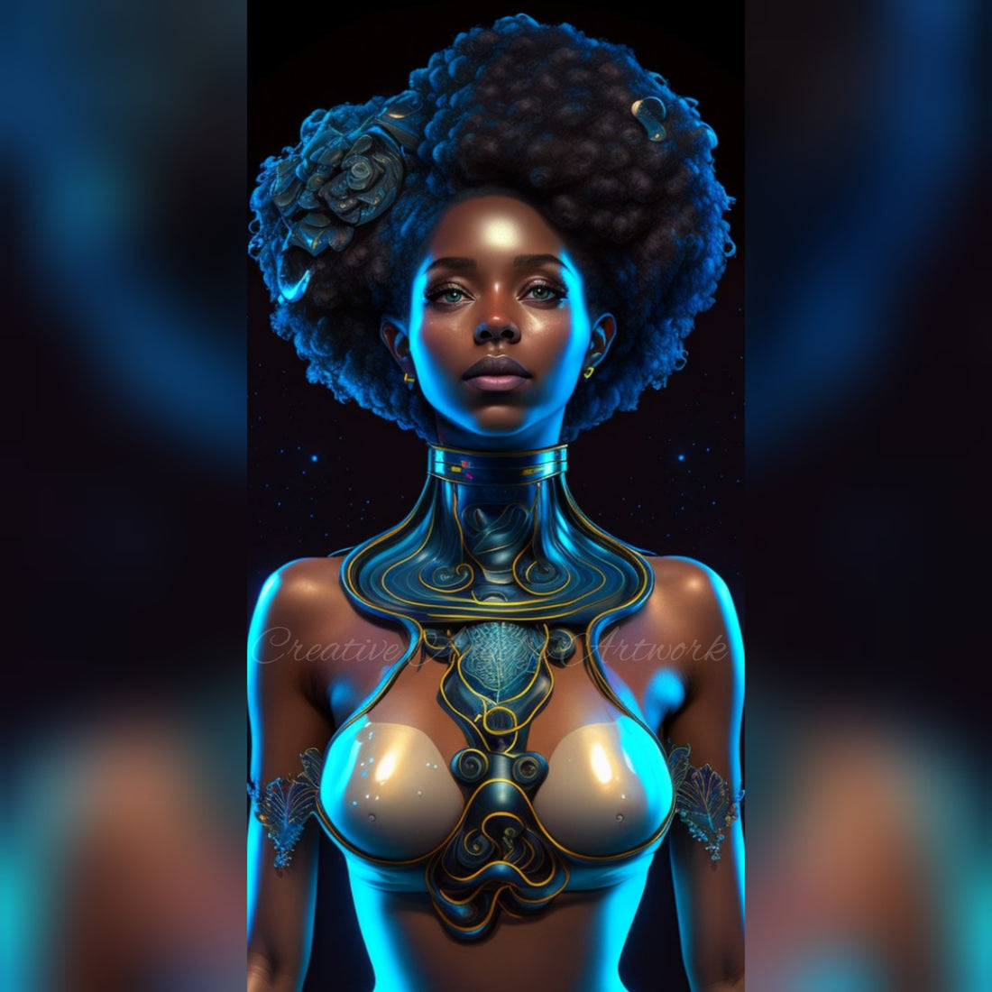 A digital artwork of an Afrofuturistic, highly melanated, black woman, depicted in space. The woman has glowing neon blue and purple hair. She is looking out into the distance with a determined expression on her face.